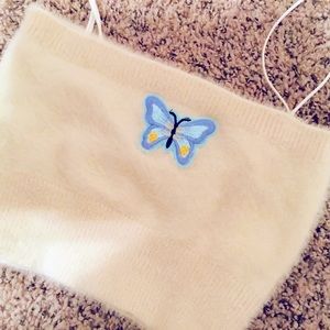 Fuzzy crop tank top butterfly embroidery